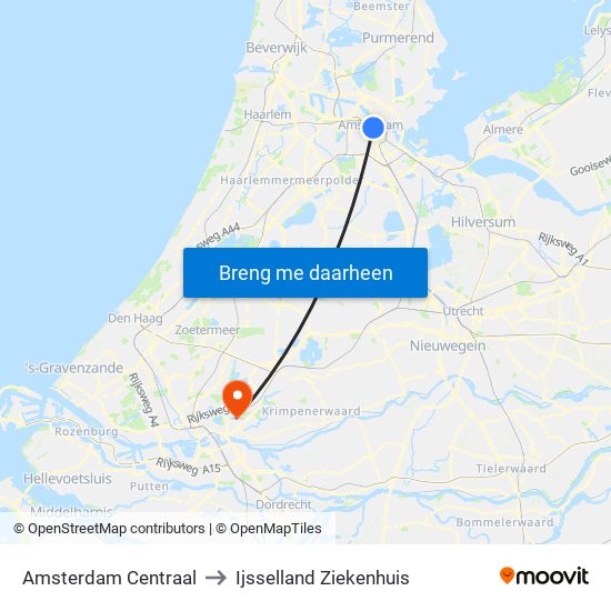 Amsterdam Centraal to Ijsselland Ziekenhuis map