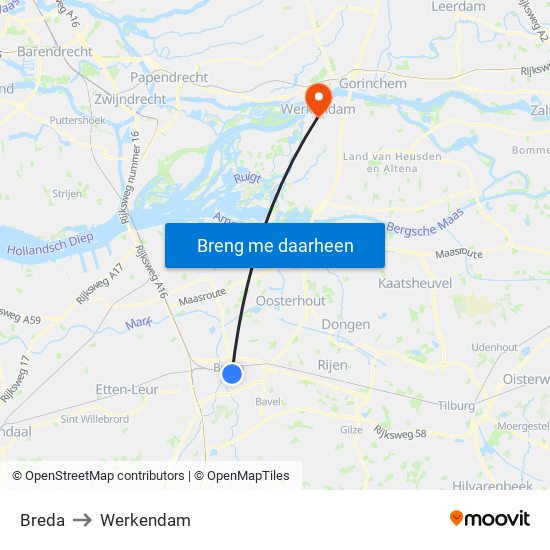 Breda to Werkendam map