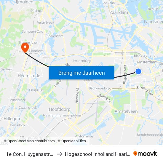 1e Con. Huygensstraat to Hogeschool Inholland Haarlem map