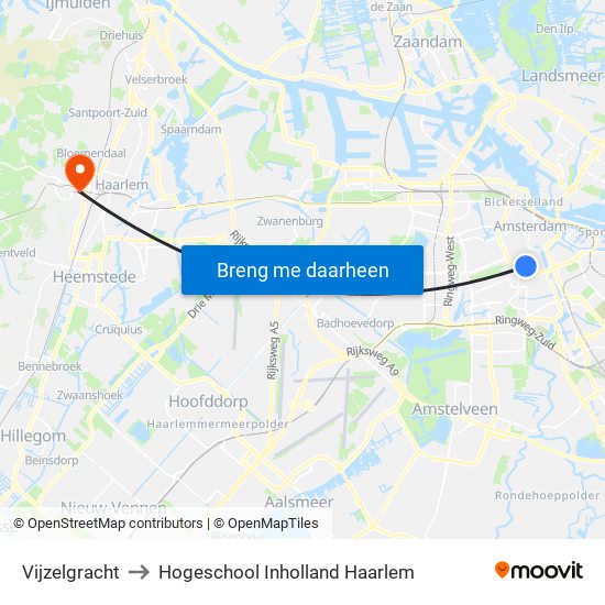 Vijzelgracht to Hogeschool Inholland Haarlem map