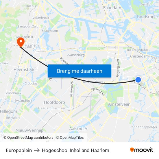 Europaplein to Hogeschool Inholland Haarlem map