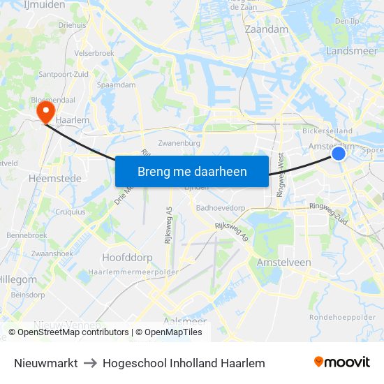 Nieuwmarkt to Hogeschool Inholland Haarlem map