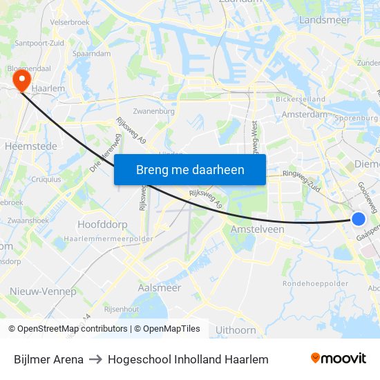Bijlmer Arena to Hogeschool Inholland Haarlem map