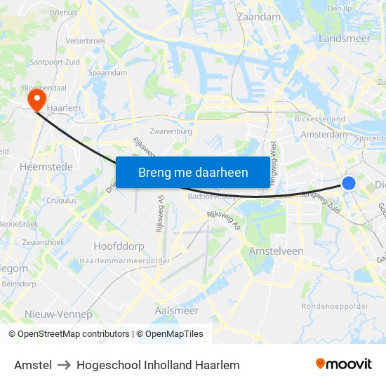 Amstel to Hogeschool Inholland Haarlem map