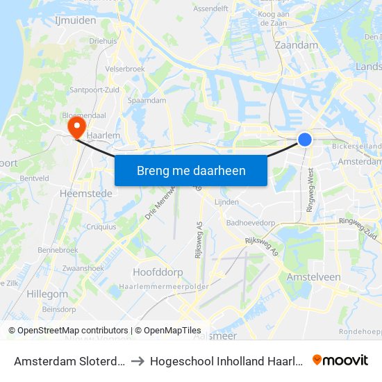 Amsterdam Sloterdijk to Hogeschool Inholland Haarlem map