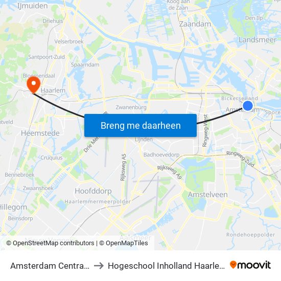 Amsterdam Centraal to Hogeschool Inholland Haarlem map