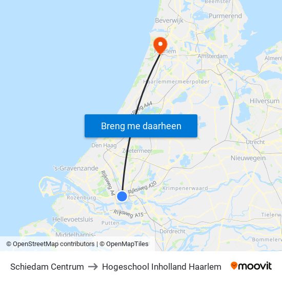 Schiedam Centrum to Hogeschool Inholland Haarlem map