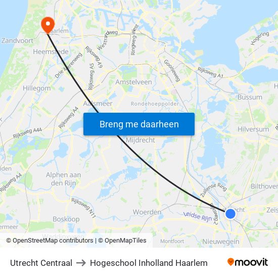Utrecht Centraal to Hogeschool Inholland Haarlem map