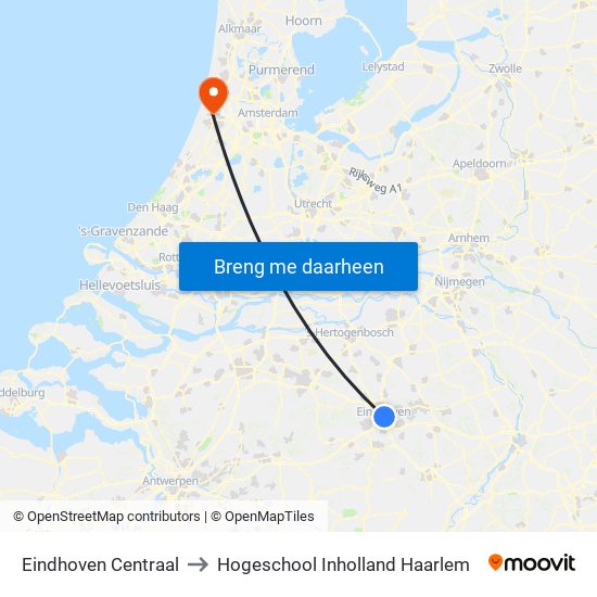 Eindhoven Centraal to Hogeschool Inholland Haarlem map