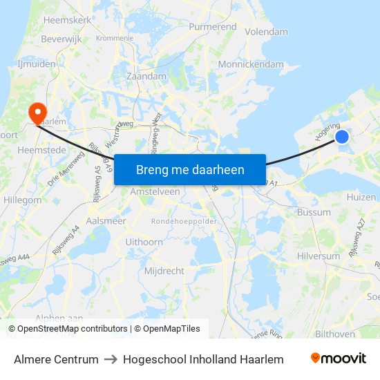 Almere Centrum to Hogeschool Inholland Haarlem map