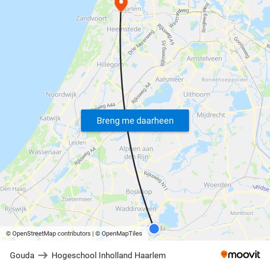 Gouda to Hogeschool Inholland Haarlem map