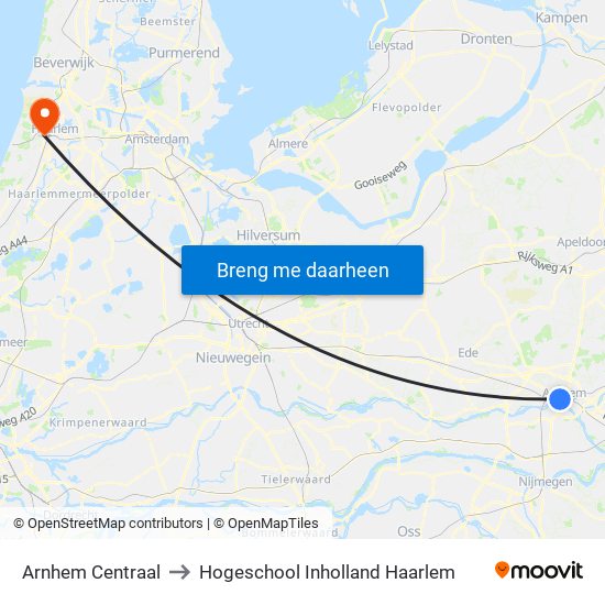 Arnhem Centraal to Hogeschool Inholland Haarlem map