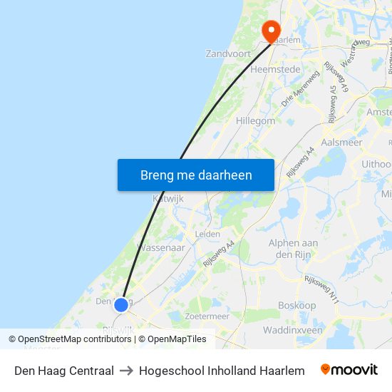 Den Haag Centraal to Hogeschool Inholland Haarlem map