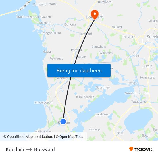 Koudum to Bolsward map