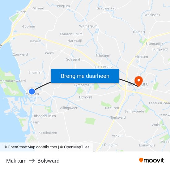 Makkum to Bolsward map