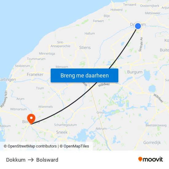 Dokkum to Bolsward map