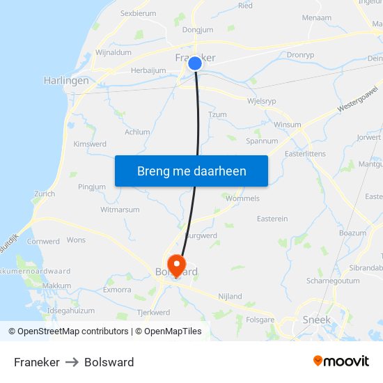 Franeker to Bolsward map