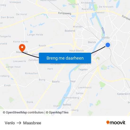 Venlo to Maasbree map