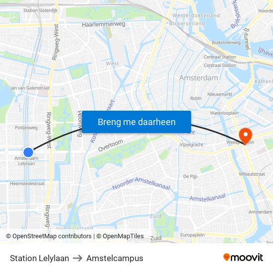 Station Lelylaan to Amstelcampus map