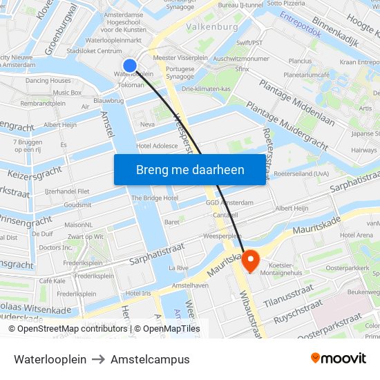 Waterlooplein to Amstelcampus map