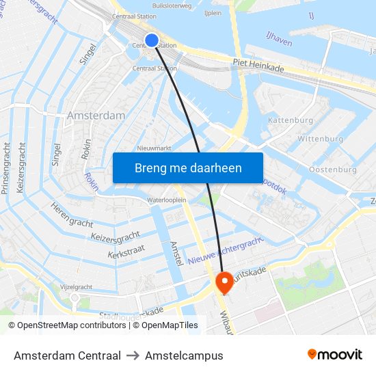 Amsterdam Centraal to Amstelcampus map