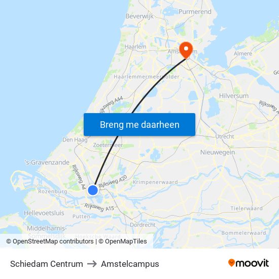 Schiedam Centrum to Amstelcampus map