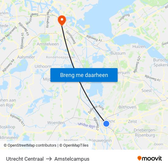 Utrecht Centraal to Amstelcampus map