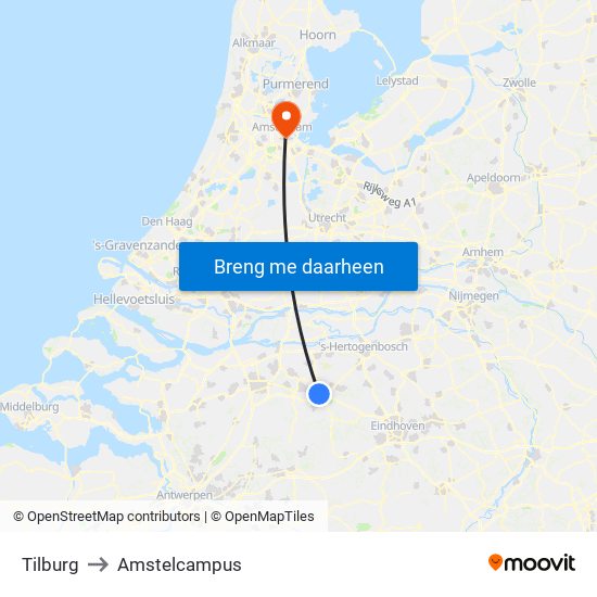 Tilburg to Amstelcampus map