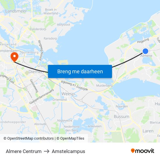 Almere Centrum to Amstelcampus map