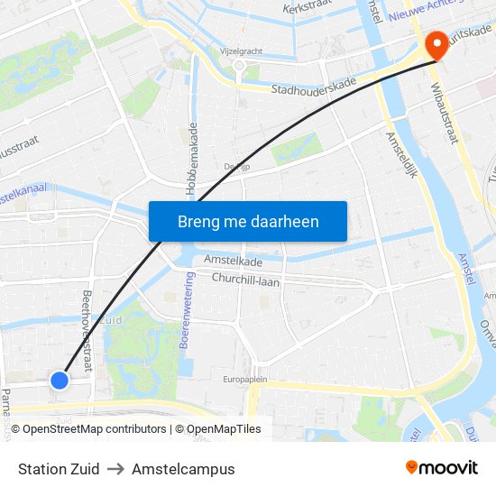 Station Zuid to Amstelcampus map