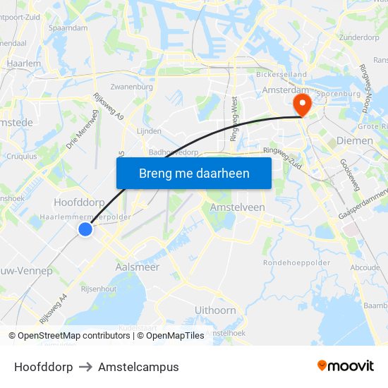 Hoofddorp to Amstelcampus map