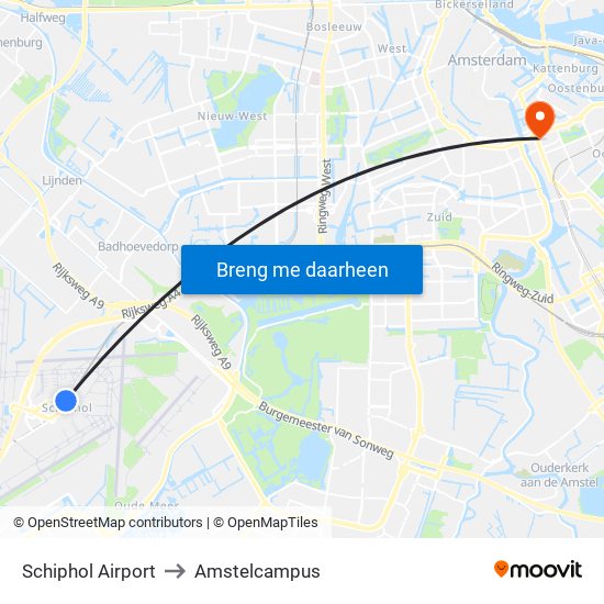 Schiphol Airport to Amstelcampus map
