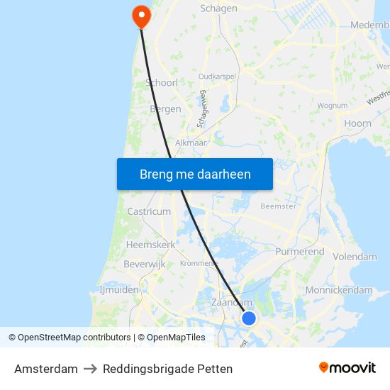 Amsterdam to Reddingsbrigade Petten map