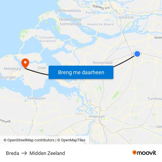 Breda to Midden Zeeland map