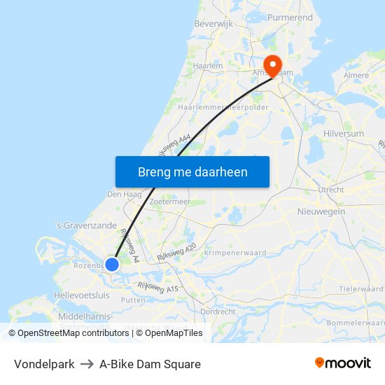Vondelpark to A-Bike Dam Square map