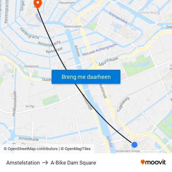 Amstelstation to A-Bike Dam Square map