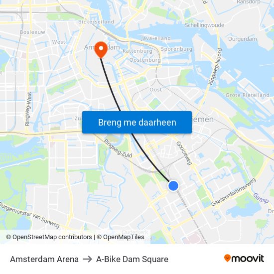 Amsterdam Arena to A-Bike Dam Square map