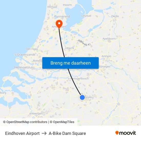 Eindhoven Airport to A-Bike Dam Square map