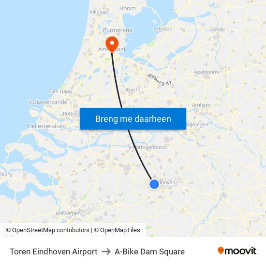 Toren Eindhoven Airport to A-Bike Dam Square map
