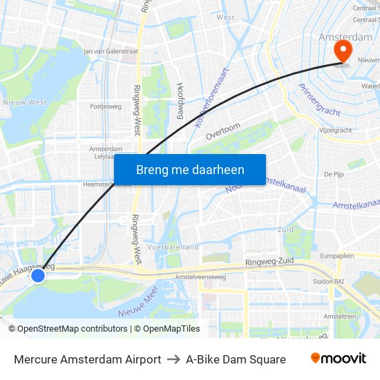 Mercure Amsterdam Airport to A-Bike Dam Square map