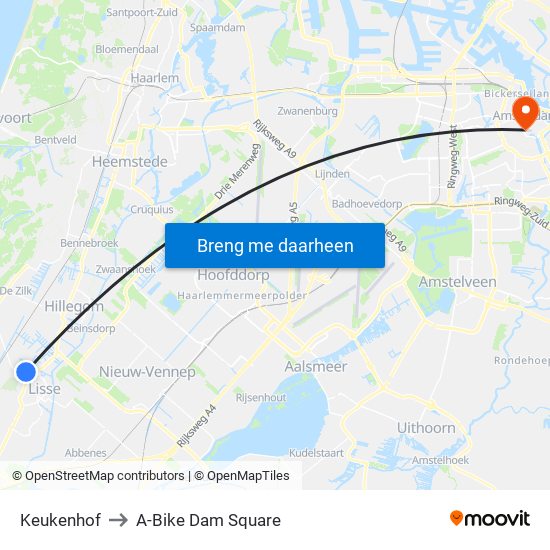 Keukenhof to A-Bike Dam Square map