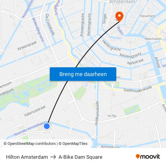 Hilton Amsterdam to A-Bike Dam Square map