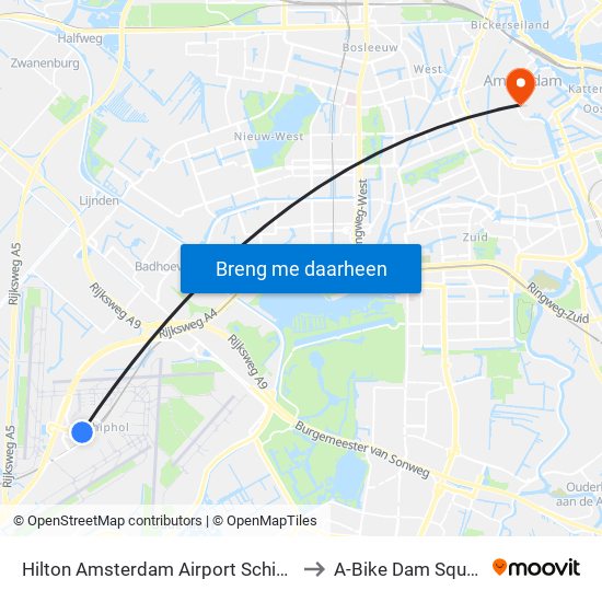 Hilton Amsterdam Airport Schiphol to A-Bike Dam Square map