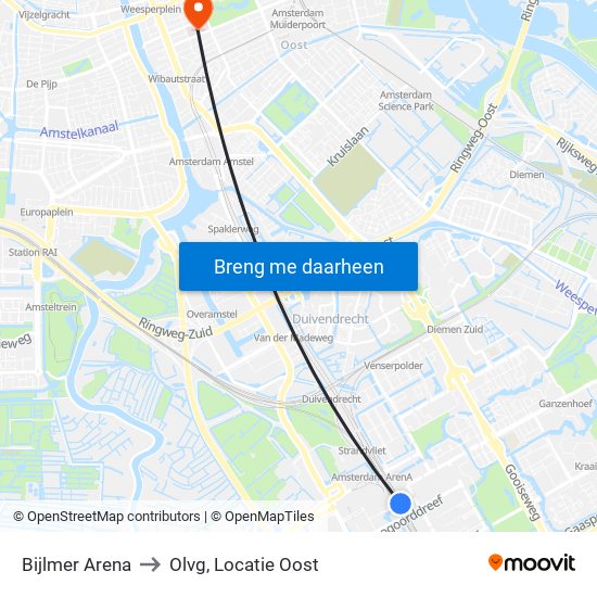 Bijlmer Arena to Olvg, Locatie Oost map