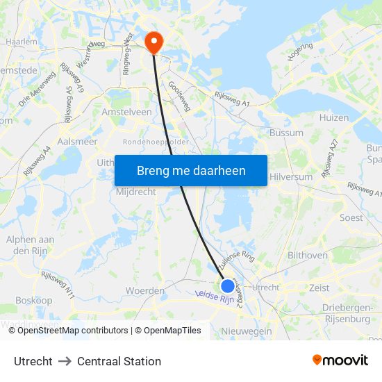 Utrecht to Centraal Station map