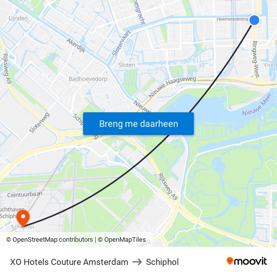 XO Hotels Couture Amsterdam to Schiphol map