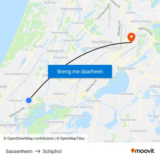 Sassenheim to Schiphol map