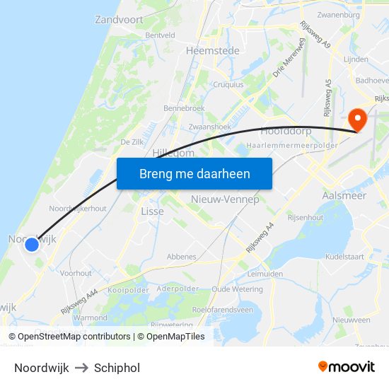 Noordwijk to Schiphol map