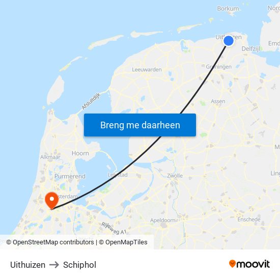 Uithuizen to Schiphol map