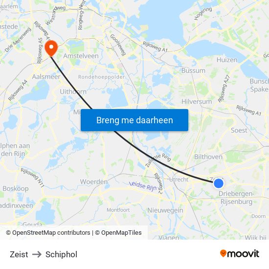 Zeist to Schiphol map